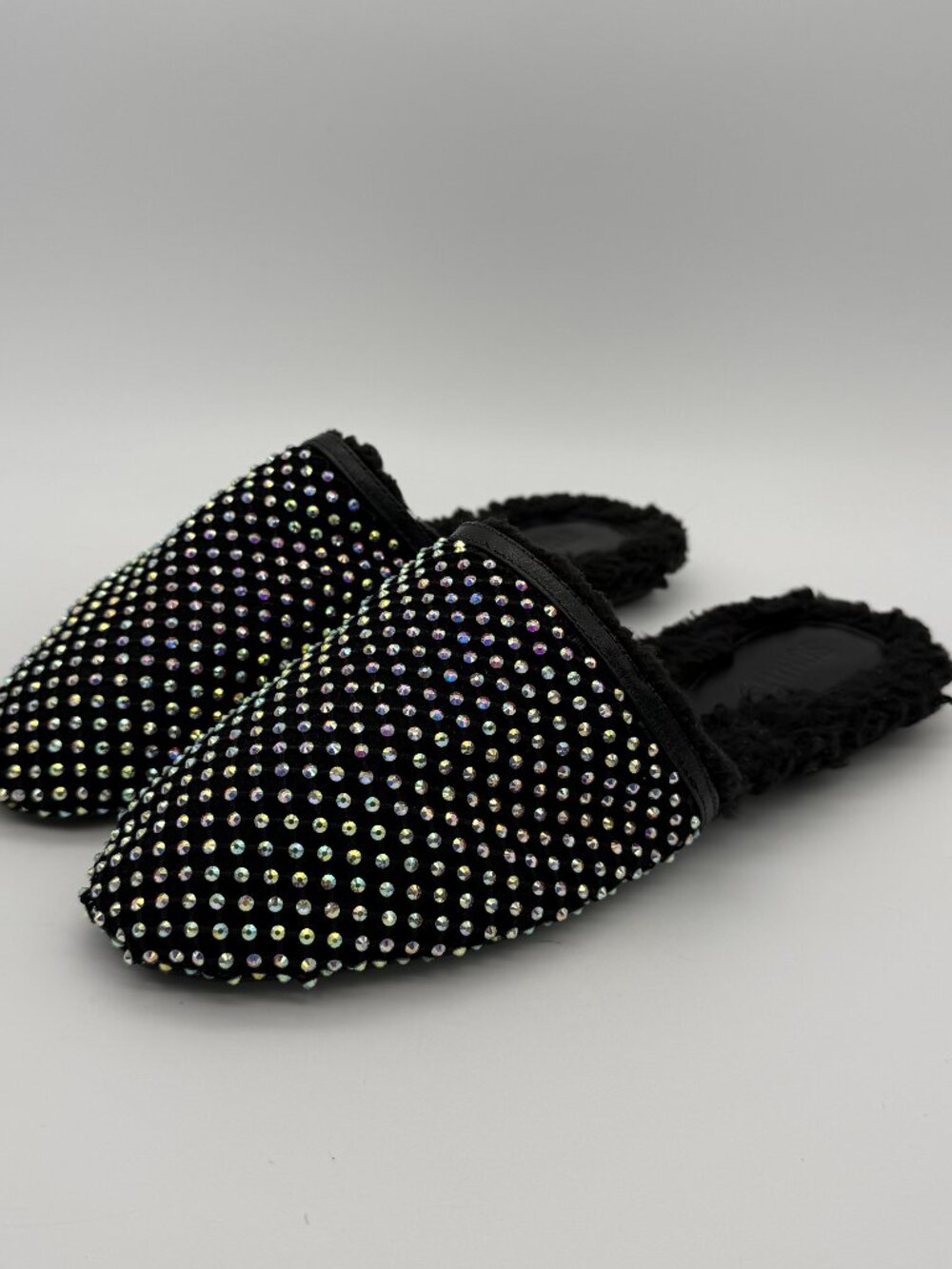 SCHUTZ Jasmin Black Rhinestone Faux Fur Mule Slippers Size 8B